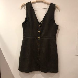 Olive Green Vegan Suede Pinafore Front Button-Up Dress